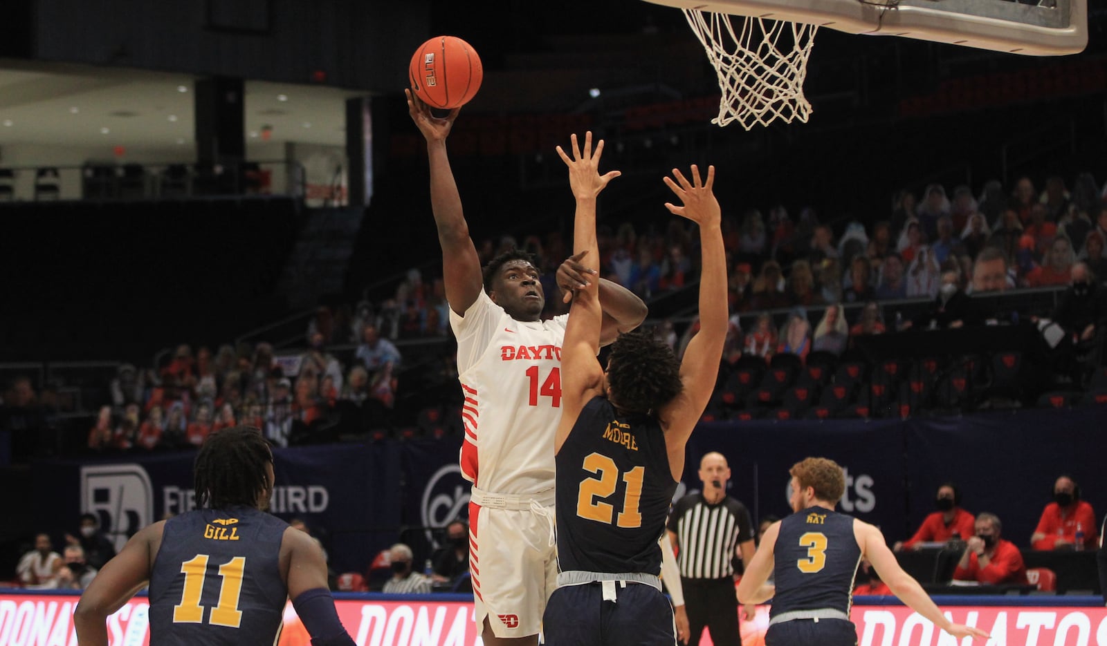 Dayton's Moulaye Sissoko shoots against La Salle on Wednesday, Dec. 30, 2020, at UD Arena. David Jablonski/Staff