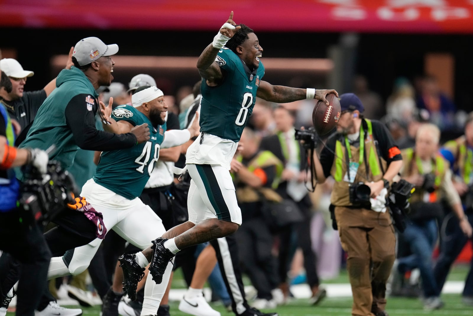 Philadelphia Eagles safety C.J. Gardner-Johnson (8) and fullback Khari Blasingame (48) celebrate after a win over the Kansas City Chiefs in the NFL Super Bowl 59 football game, Sunday, Feb. 9, 2025, in New Orleans. (AP Photo/George Walker IV)