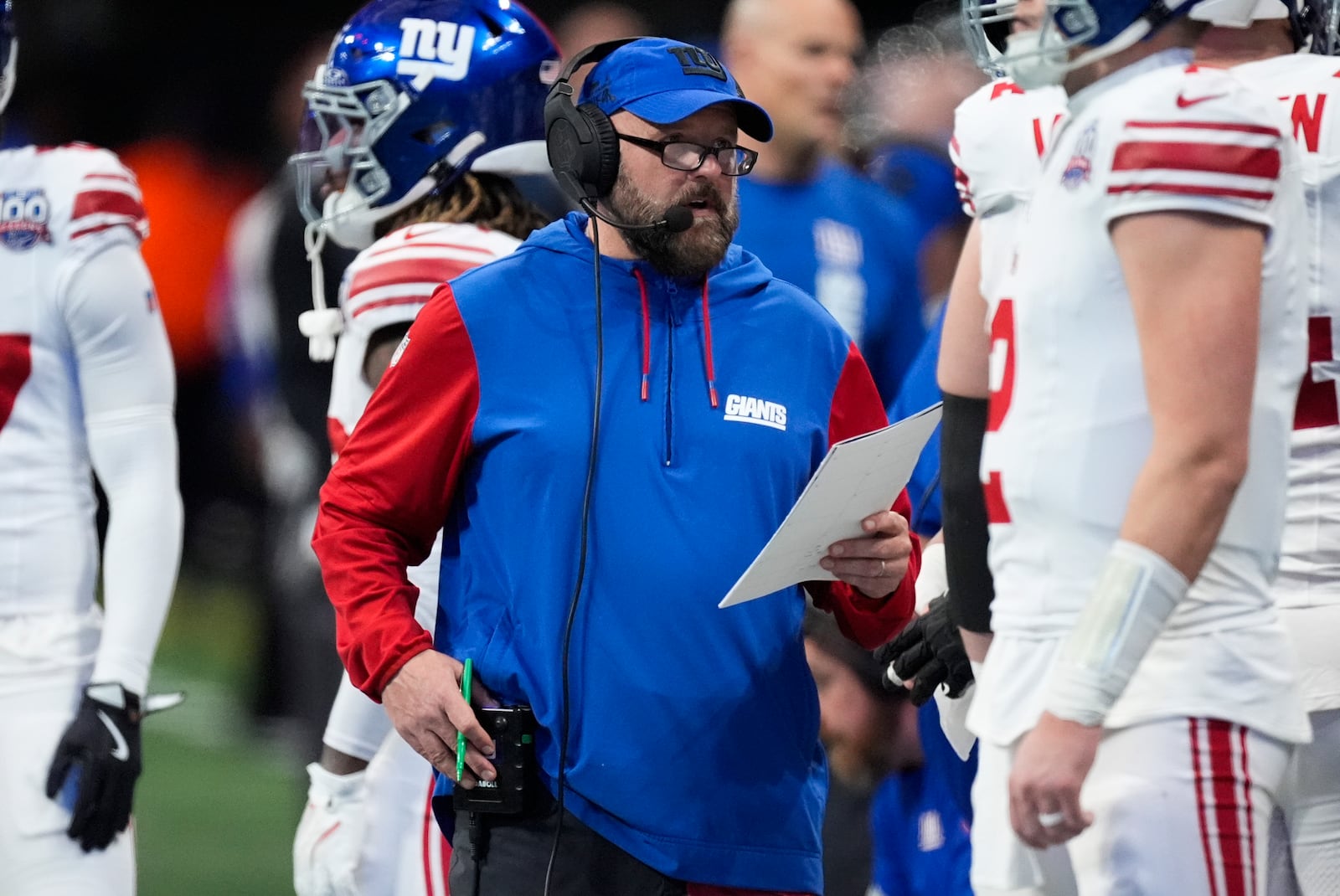 New York Giants head coach Brian Daboll on the sideline in the second half of an NFL football game against the Atlanta Falcons in Atlanta, Sunday, Dec. 22, 2024. (AP Photo/John Bazemore)