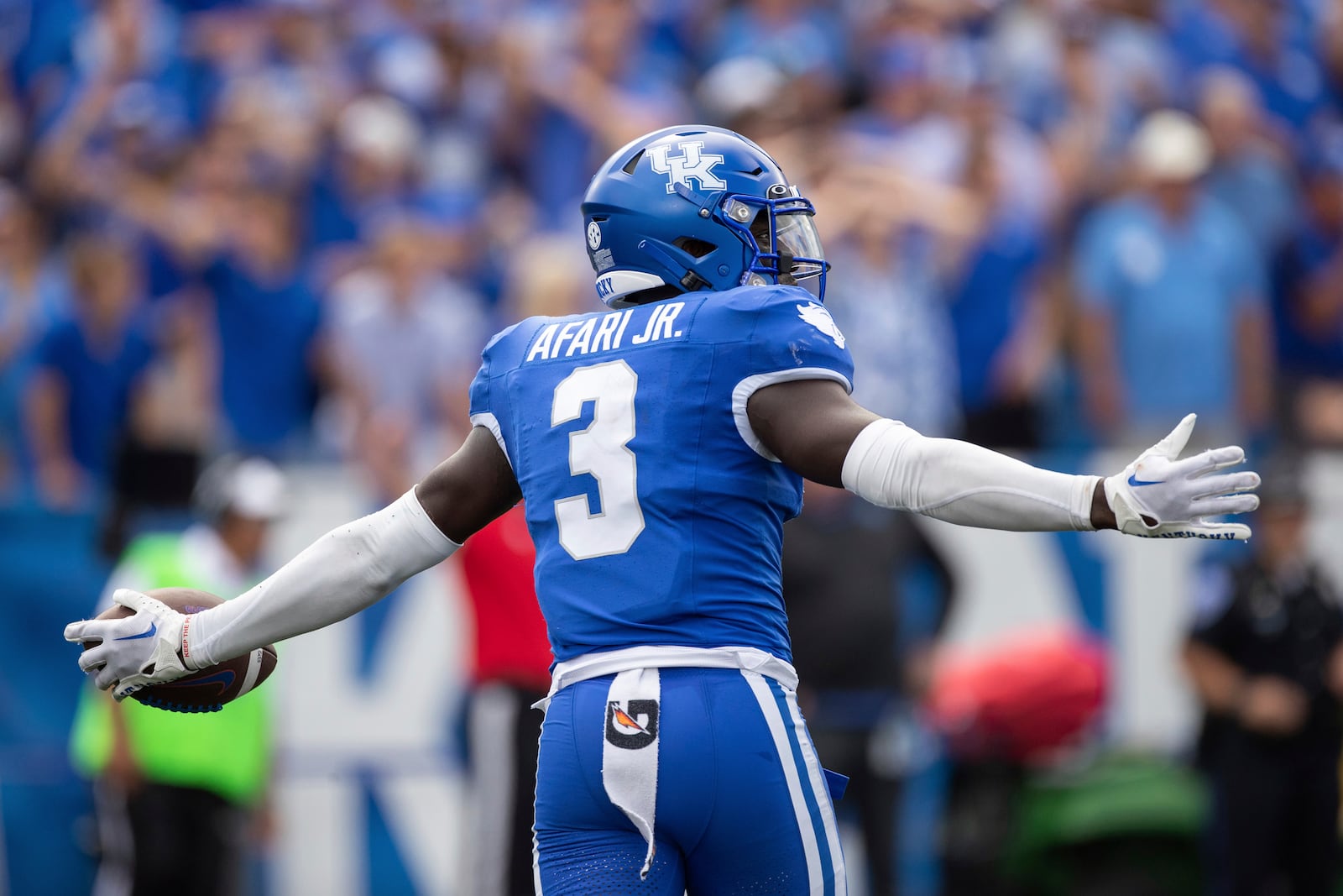 Kentucky defensive back Alex Afari Jr. (3) celebrates after an interception late in the second half of an NCAA college football game against Florida in Lexington, Ky., Saturday, Sept. 30, 2023. (AP Photo/Michelle Haas Hutchins)