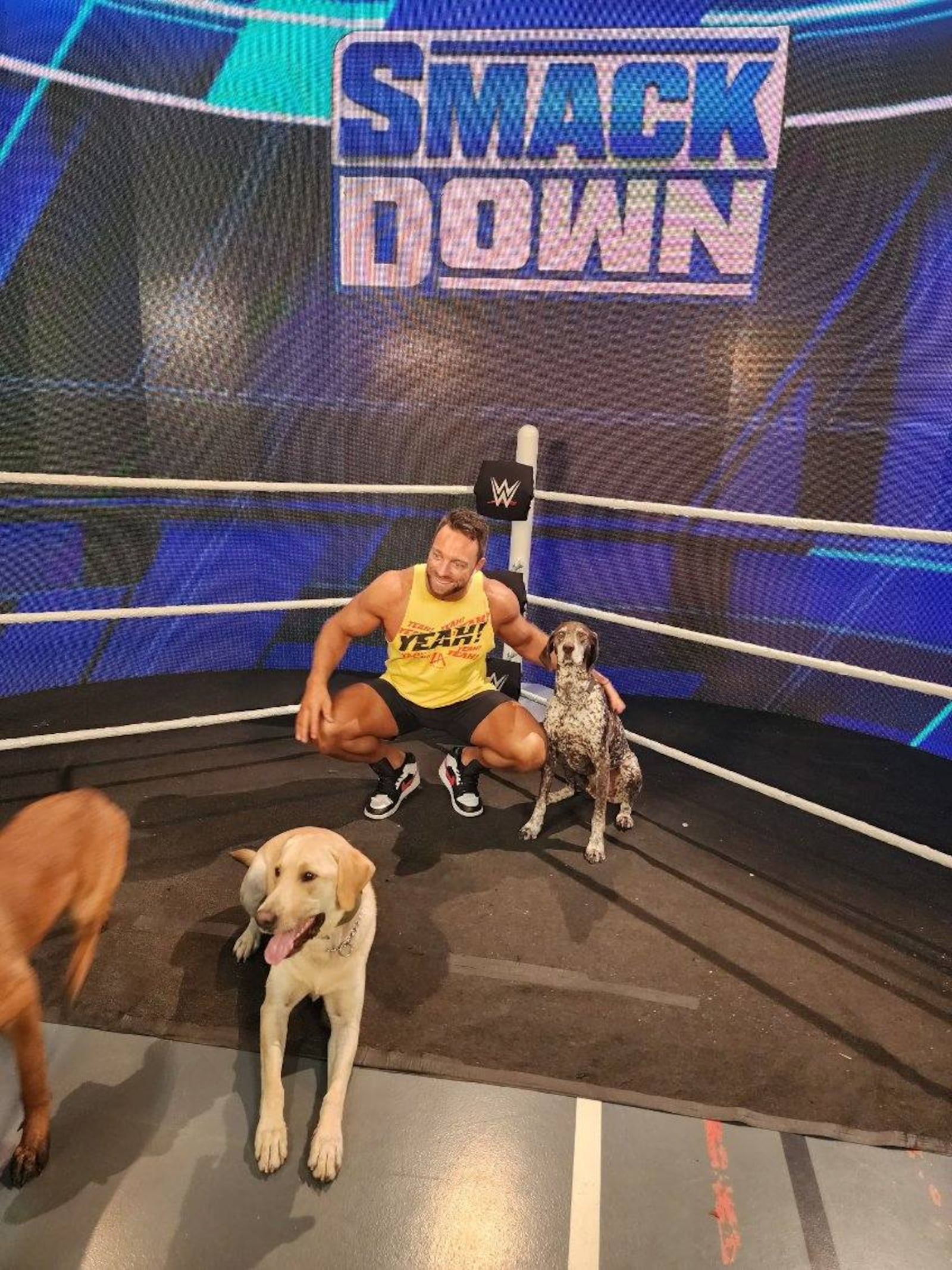 WWE star and actor LA Knight shares the ring at a pro wrestling show at the Nutter Center with Dayton K-9 officer North (yellow Lab) and two other police dogs, all of whom were brought in to sweep the site beforehand for explosives. CONTRIBUTED