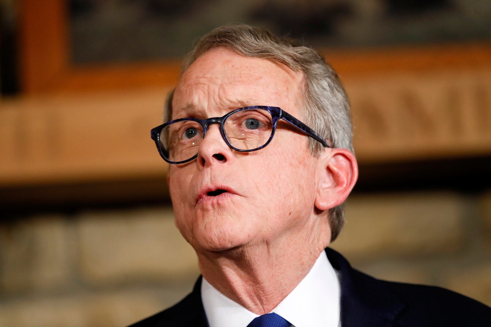 FILE - Mike DeWine speaks, Jan. 14, 2019, in Cedarville, Ohio. (AP Photo/John Minchillo, Pool, File)