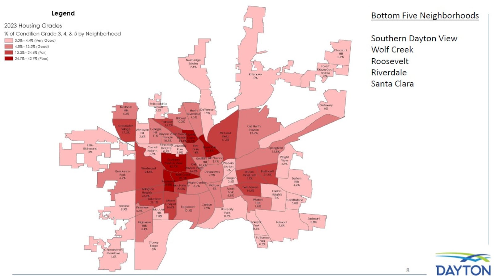 A map showing the Dayton neighborhoods with the worst housing condition scores. CONTRIBUTED