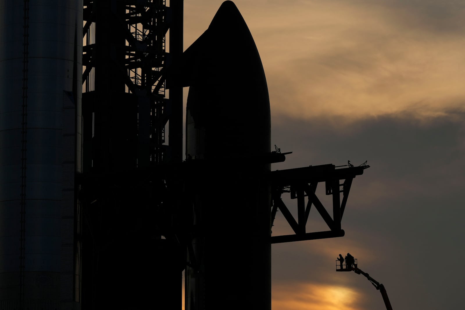 SpaceX's mega rocket Starship is prepared for a test flight from Starbase in Boca Chica, Texas, Sunday, March 2, 2025. (AP Photo/Eric Gay)