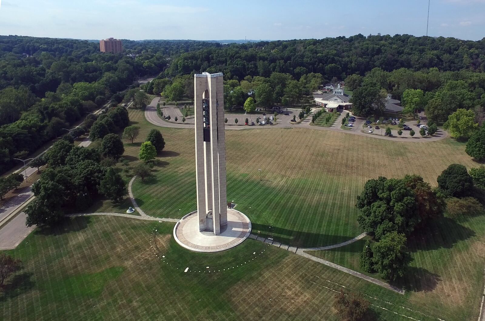 The Deeds Carillon is a 151-foot-tall tower, made of Indiana limestone, and originally designed with 32 bells. Eight of the first 32 bells were silent, each a memorial to a member of the Deeds family.SKY 7 / STAFF