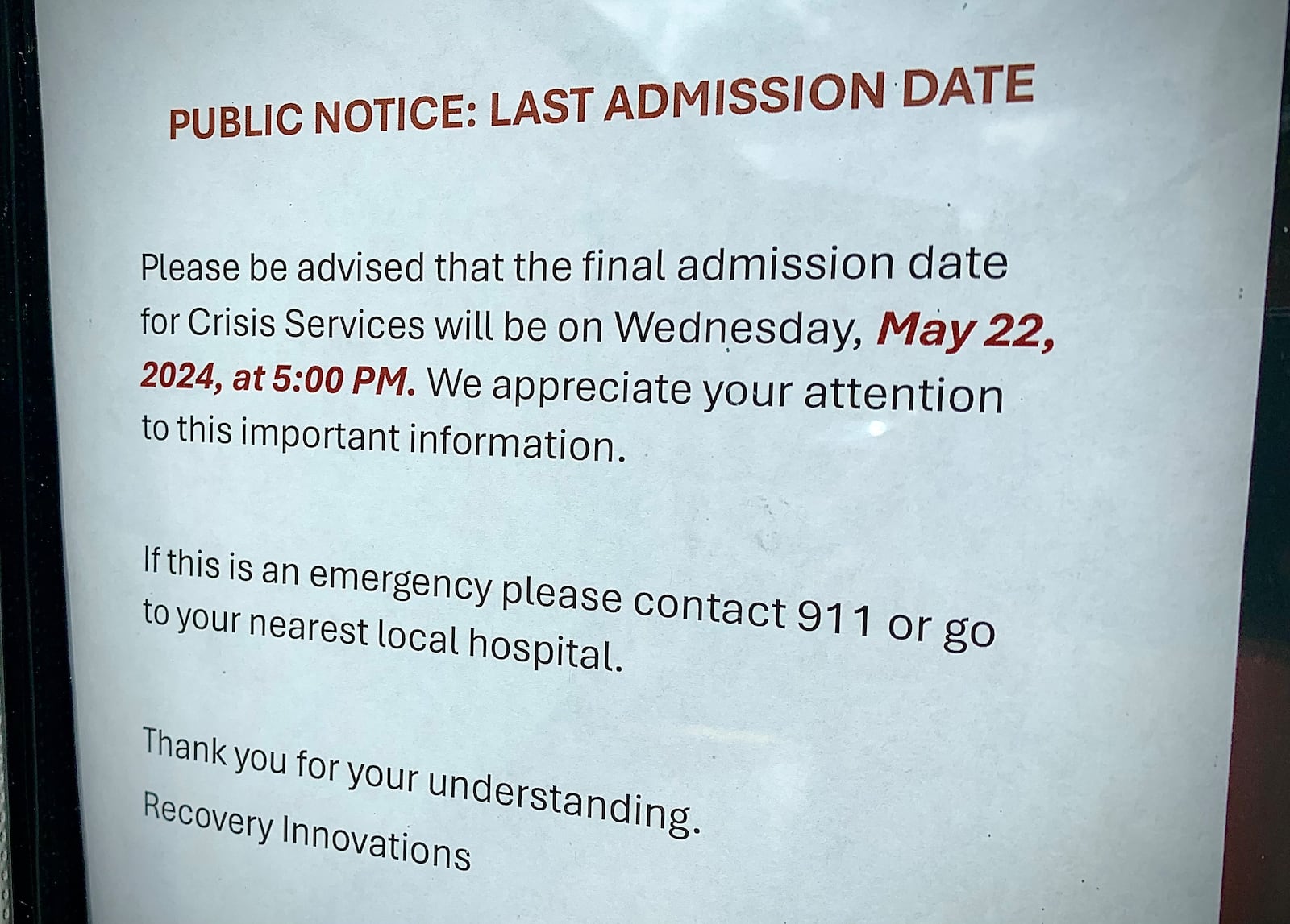 The final admission date for the RI International Montgomery County Crisis Receiving Center located at 601 S. Edwin C. Moses Blvd. was May 22, 2024. MARSHALL GORBY\STAFF