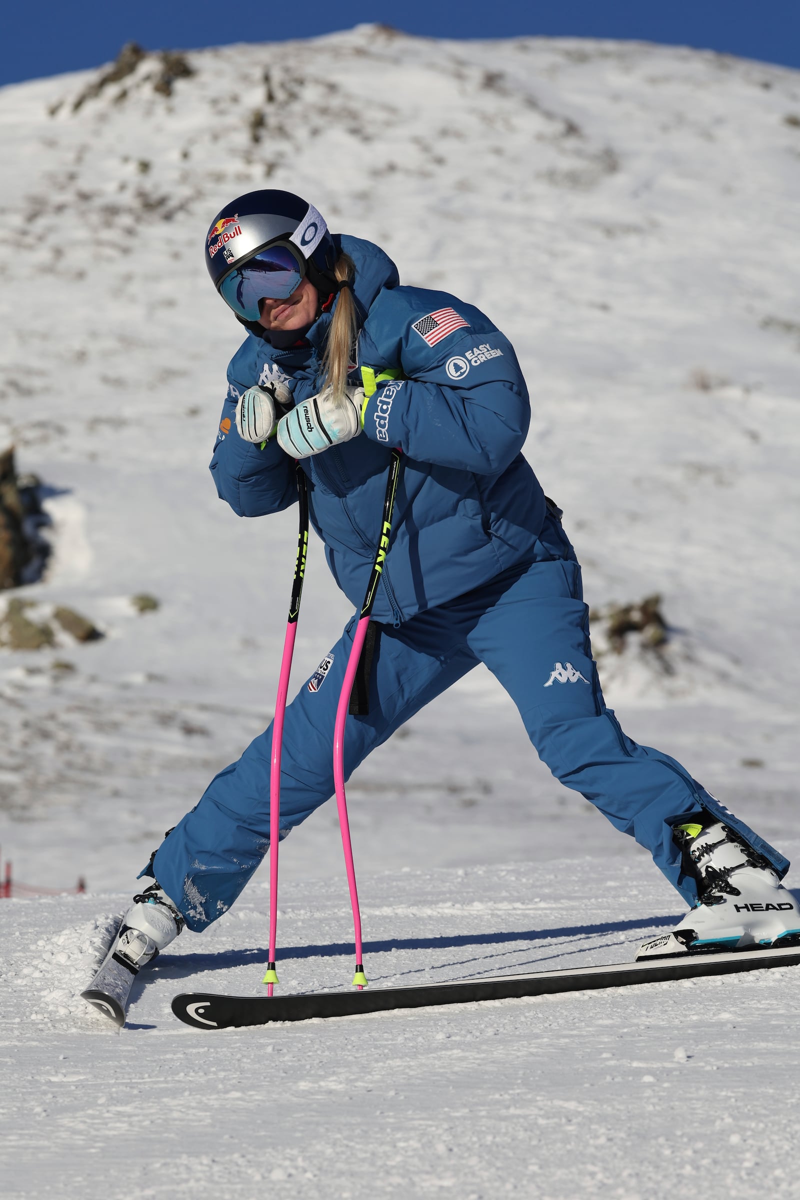 United States' Lindsey Vonn concentrates during the course inspection before competing in an alpine ski, women's World Cup super G, in St. Moritz, Switzerland, Saturday, Dec. 21, 2024. (AP Photo/Marco Trovati)