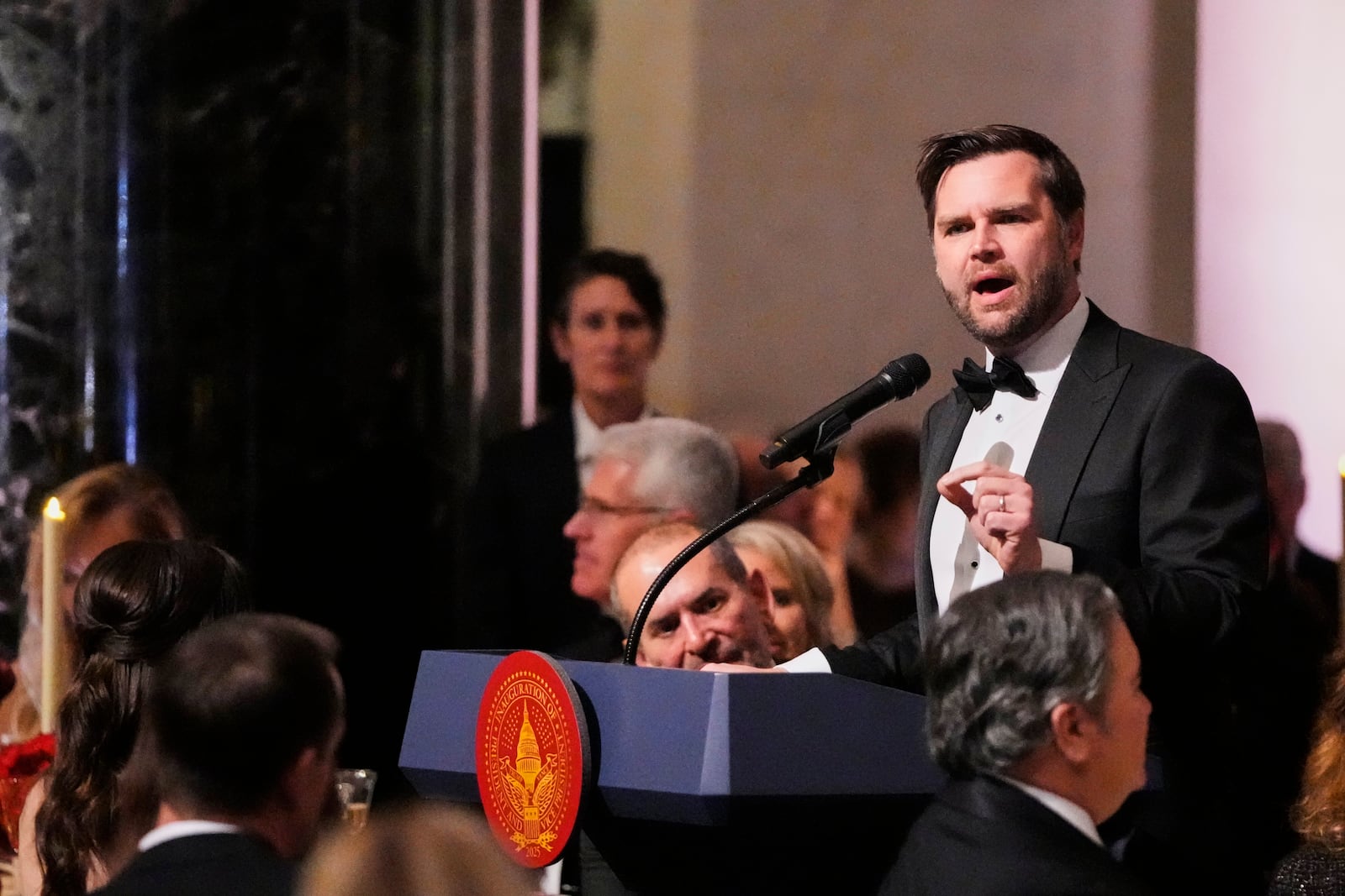 Vice President-elect JD Vance speaks during a dinner event at the National Gallery of Art in Washington, Saturday, Jan. 18, 2025. (AP Photo/Mark Schiefelbein)