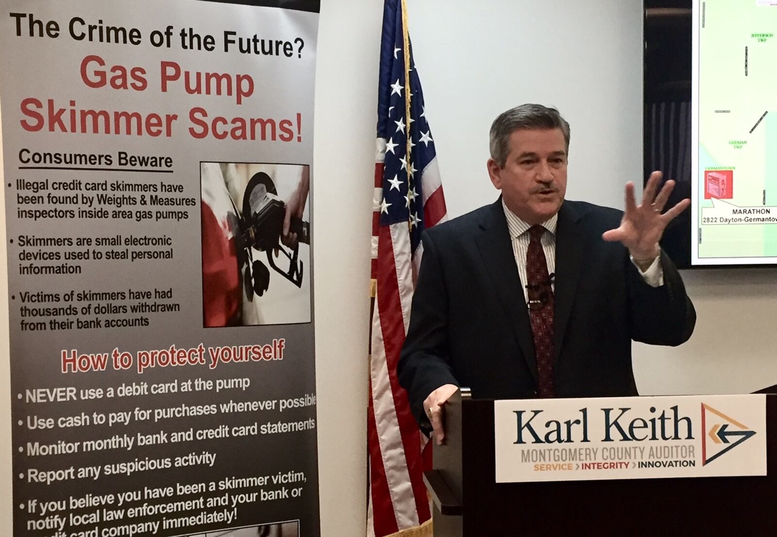 Montgomery County Auditor Karl Keith addresses the media after five credit card skimmers were found on gas pumps during a weekend sweep. Chuck Hamlin/Staff