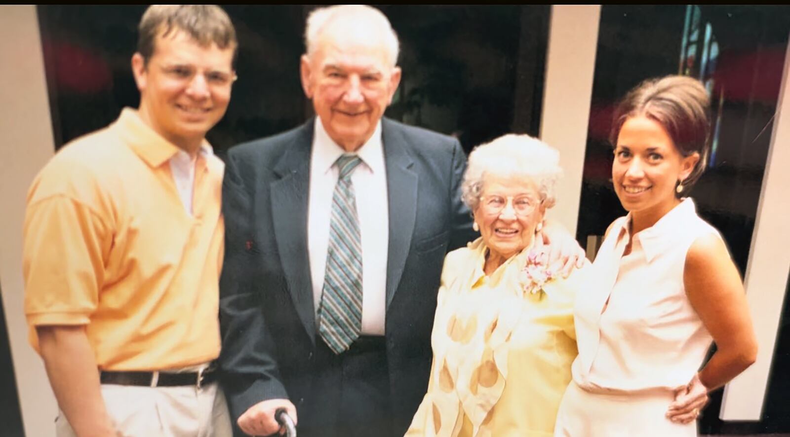 Robbins with her husband (L), John Robbins and her grandparents, who were very influential during her years growing up in Dayton. L-R John Robbins, Grandpa George Freiberger and Grandma Eileen Freiberger and Robbins when the family still lived about a block apart in Dayton.