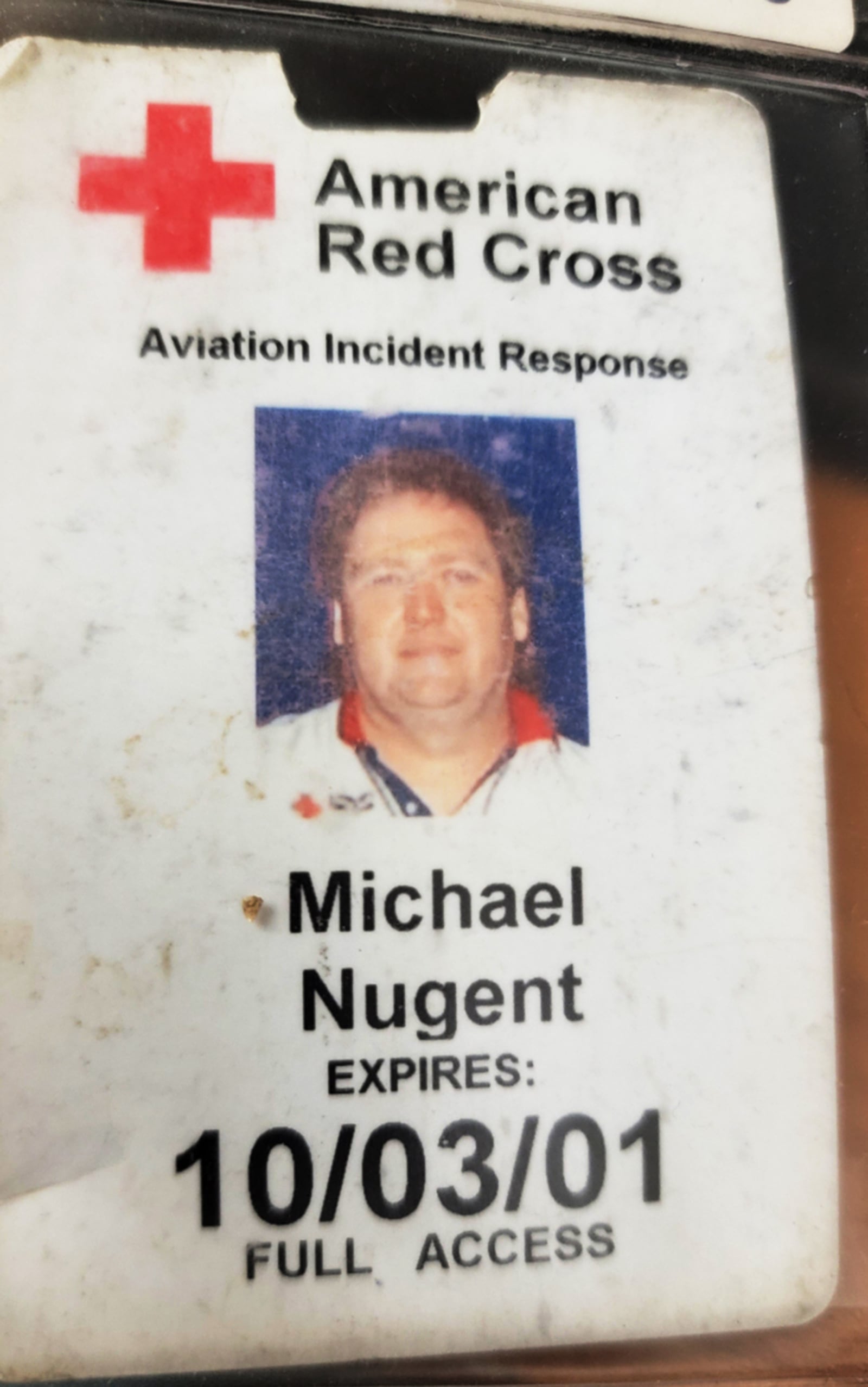 Michael Nugent of Huber Heights is seen pictured on the Red Cross ID he was issued to respond to the Flight 93 crash site near Shanksville, Pa. He set up the Red Cross computer network in Pennsylvania and later worked on the systems supporting the World Trade Center and Pentagon operations. SUBMITTED