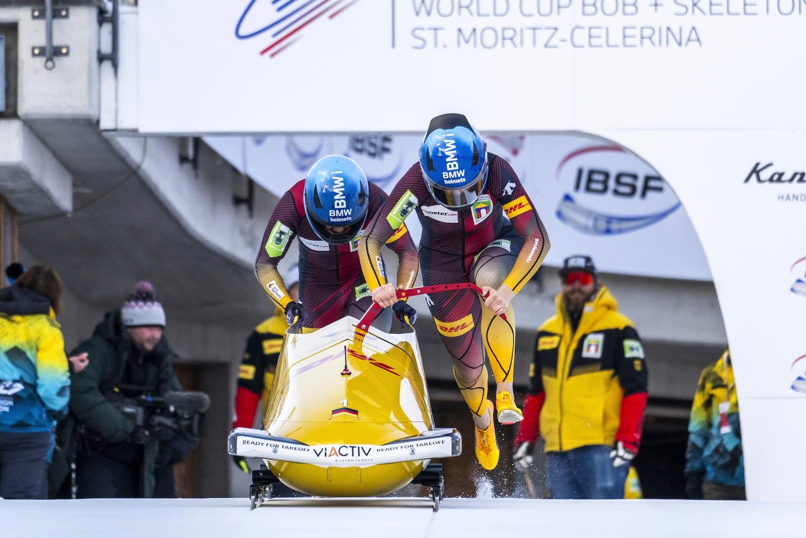 Laura Nolte and Deborah Levi of Germany in action during the women's 2-Bob World Cup in St. Moritz, Switzerland, Sunday, Jan. 12, 2025. (Mayk Wendt/Keystone via AP)