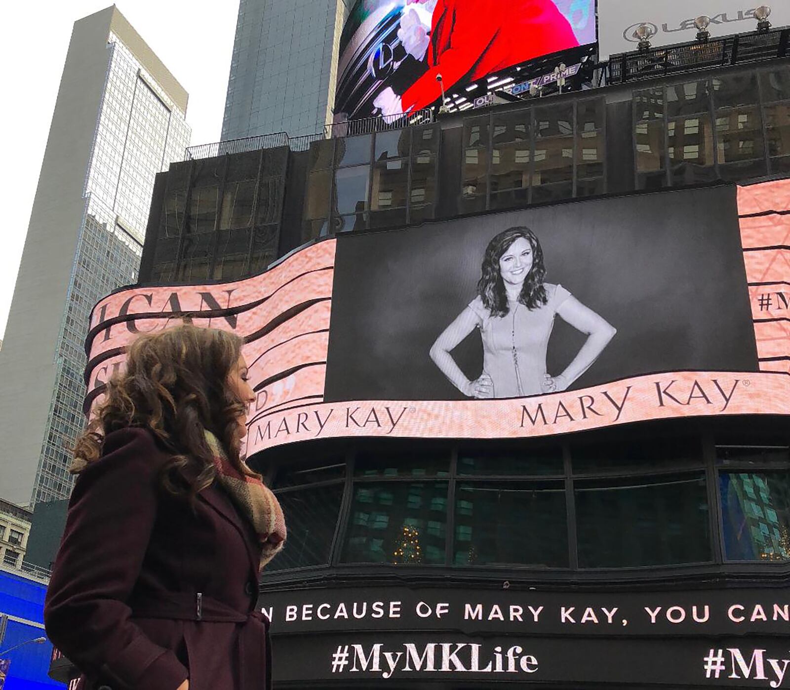 Tina Frantz credits skills learned while building her Mary Kay business for helping her recover faster. Here she sees herself on a digital billboard in New York City. CONTRIBUTED