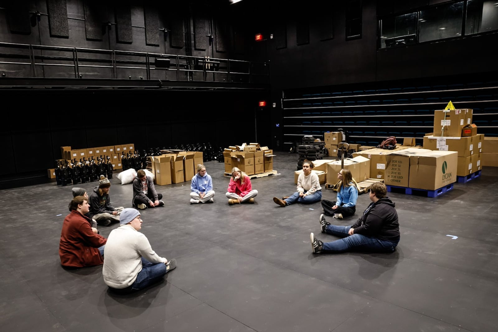 University of Dayton students attend the first class in the experimental theater space at the Roger Glass Center for the Arts. JIM NOELKER/STAFF