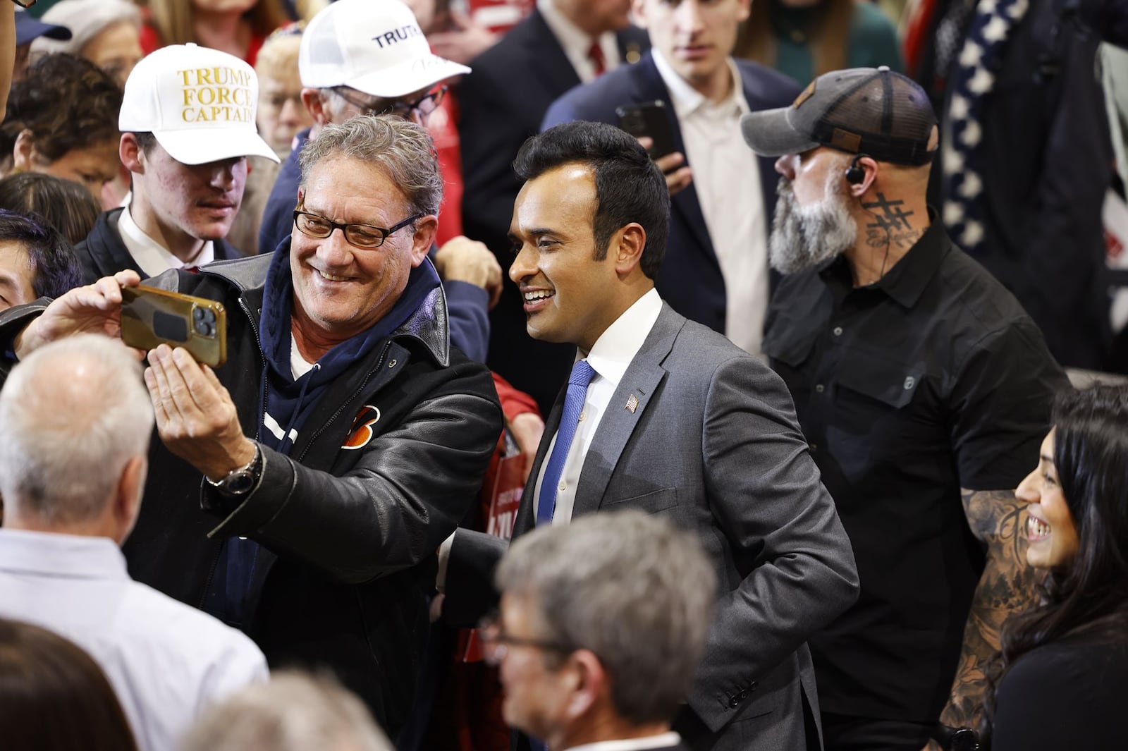 A crowd of supporters gather to hear Vivek Ramaswamy announce his candidacy for Ohio governor at this first of four stop announcement tour Monday, Feb. 24, 2025 at CTL Aerospace in West Chester Township. NICK GRAHAM/STAFF