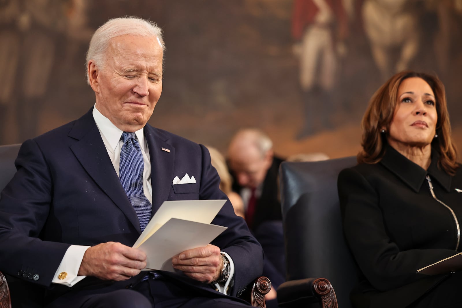 Former President Joe Biden and former Vice President Kamala Harris during the 60th Presidential Inauguration in the Rotunda of the U.S. Capitol in Washington, Monday, Jan. 20, 2025. (Chip Somodevilla/Pool Photo via AP)