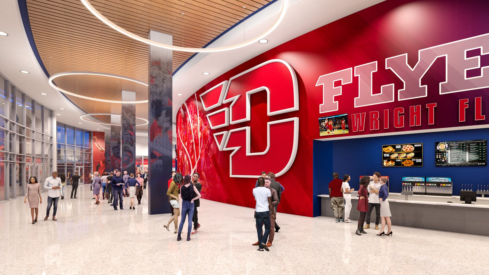 Renderings of proposed renovations to UD Arena. The $72 million in renovations will feature new premier seating, an expanded concourse and changes to the building’s exterior. CONTRIBUTED