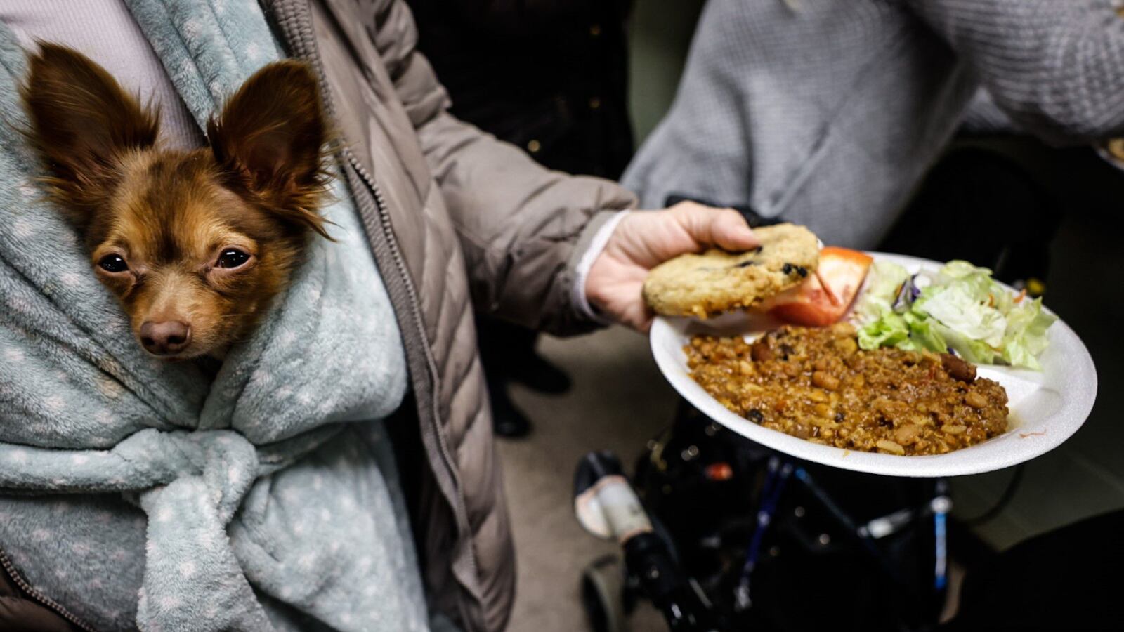 Woo Woo, a miniature chihuahua, is carried by a guest at St. Vincent de Paul Shelter for Women and Families on Apple Street in Dayton Tuesday, Feb. 14, 2023. A record amount of guests at the shelter reflects the growing number of homeless in the Dayton area.