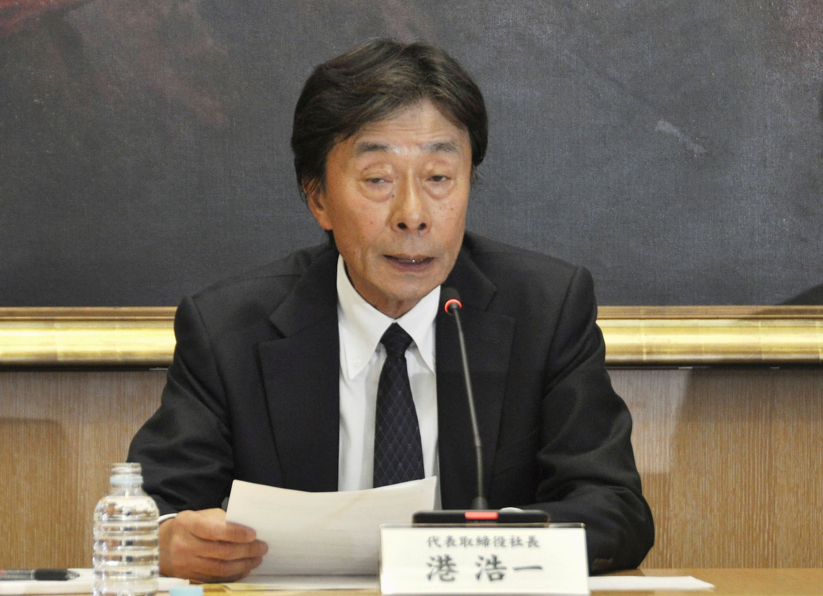 Fuji Television Network President Koichi Minato speaks during a news conference at the headquarters in Tokyo, Friday, Jan. 17, 2025. (Makiko Kosaka/Kyodo News via AP)