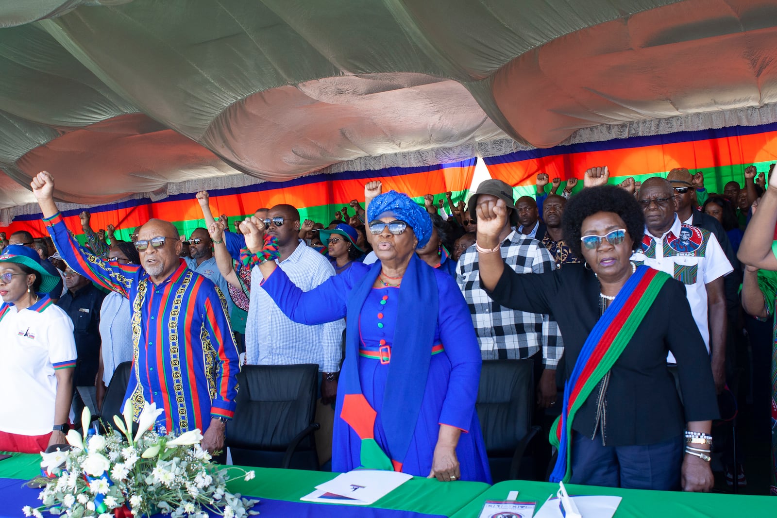 Namibia's vice president Netumbo Nandi-Ndaitwah, center, of the ruling South West Africa People's Organization, (SWAPO) attends an election rally in Windhoek, Namibia, Sunday, Nov. 24, 2024, ahead of elections Wednesday, Nov. 27, 2024. (AP Photo/Esther Mbathera)