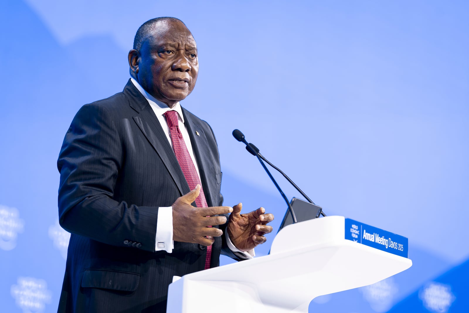 Cyril Ramaphosa, President of South Africa, delivers a speech during a plenary session in the Congress Hall, during the 55th annual meeting of the World Economic Forum, WEF, in Davos, Switzerland, Tuesday, Jan. 21, 2025. (Michael Buholzer/Keystone via AP)