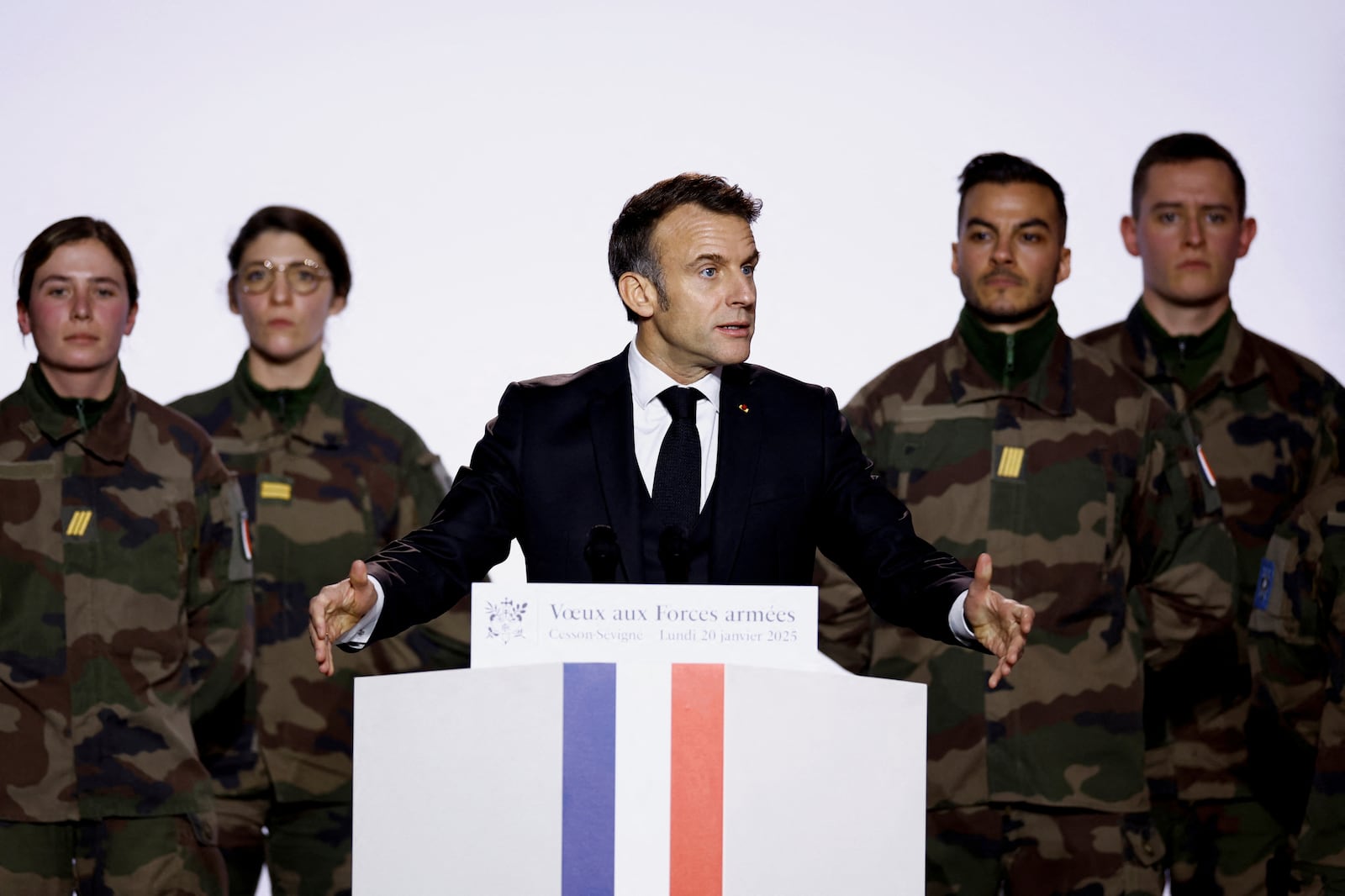 French President Emmanuel Macron delivers his New Year speech to the French Army as he visits at the Digital Support and Cyber Command (CATNC) of the French Army, in Cesson-Sevigne, western France, Monday, Jan. 20, 2025. (Stephane Mahe/Pool via AP)