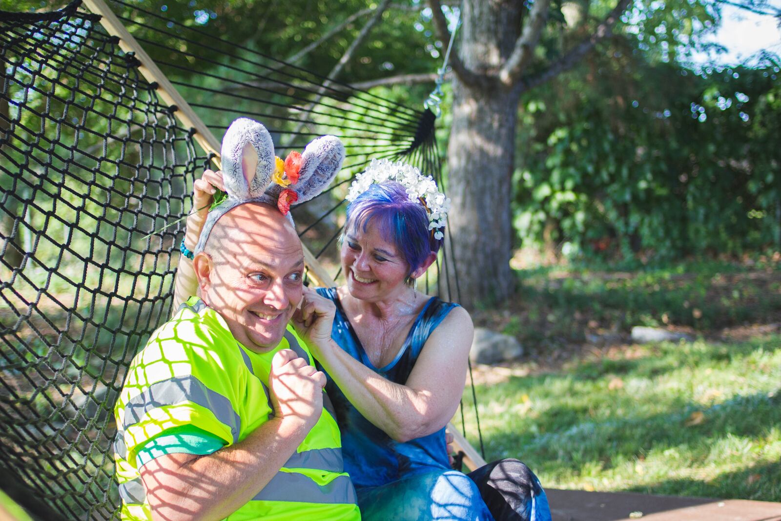 Titania (Kelly Johnson) dotes on Bottom (David Meadows) in Shakespeare in South Park's production of "A Midsummer Night's Dream." CONTRIBUTED