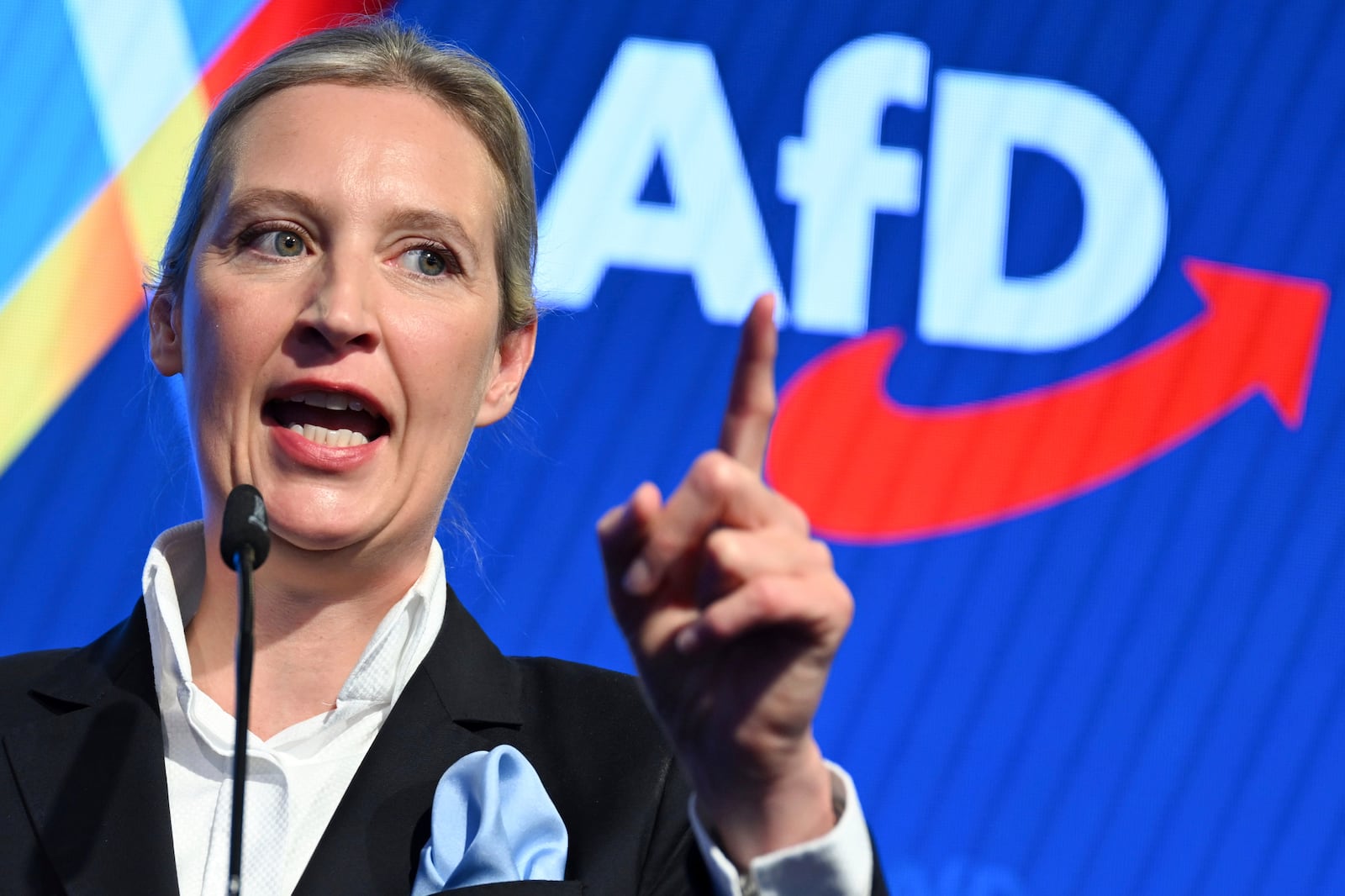 Alice Weidel, co-leader of the Alternative for Germany (AfD), speaks during the election party at the party's headquarters in Berlin Germany, Sunday, Feb. 23, 2025. (Soeren Stache/DPA via AP, Pool)