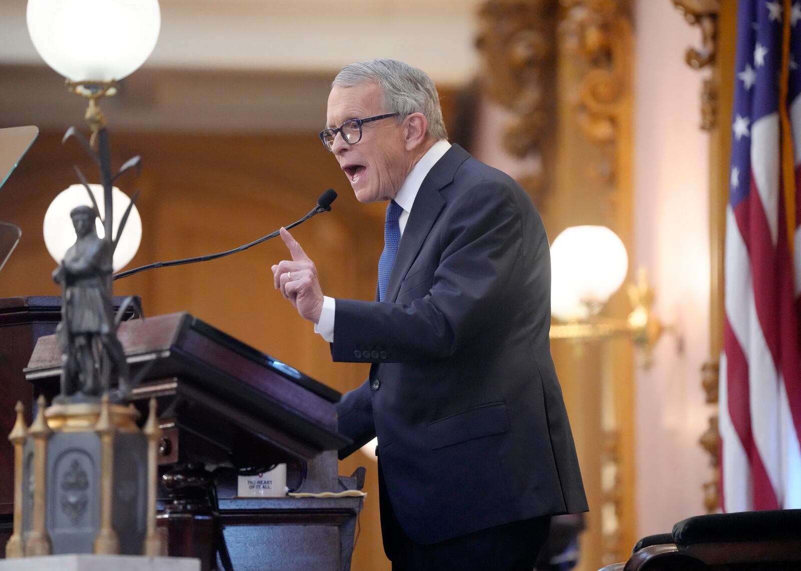 April 10, 2024; Columbus, Ohio, USA; 
Ohio Governor Mike DeWine gives his 2024 State of the State address in the Ohio House chambers at the Ohio Statehouse on Wednesday afternoon.