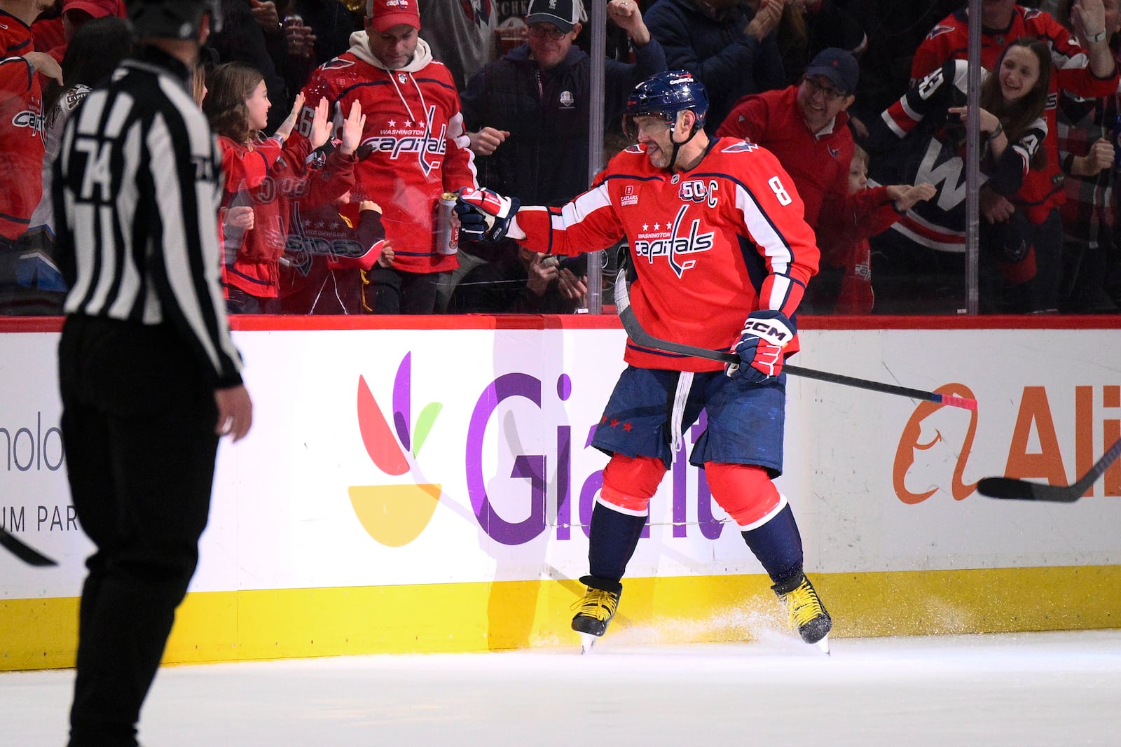 Washington Capitals left wing Alex Ovechkin (8) celebrates after his goal during the second period of an NHL hockey game against the Edmonton Oilers, Sunday, Feb. 23, 2025, in Washington. (AP Photo/Nick Wass)