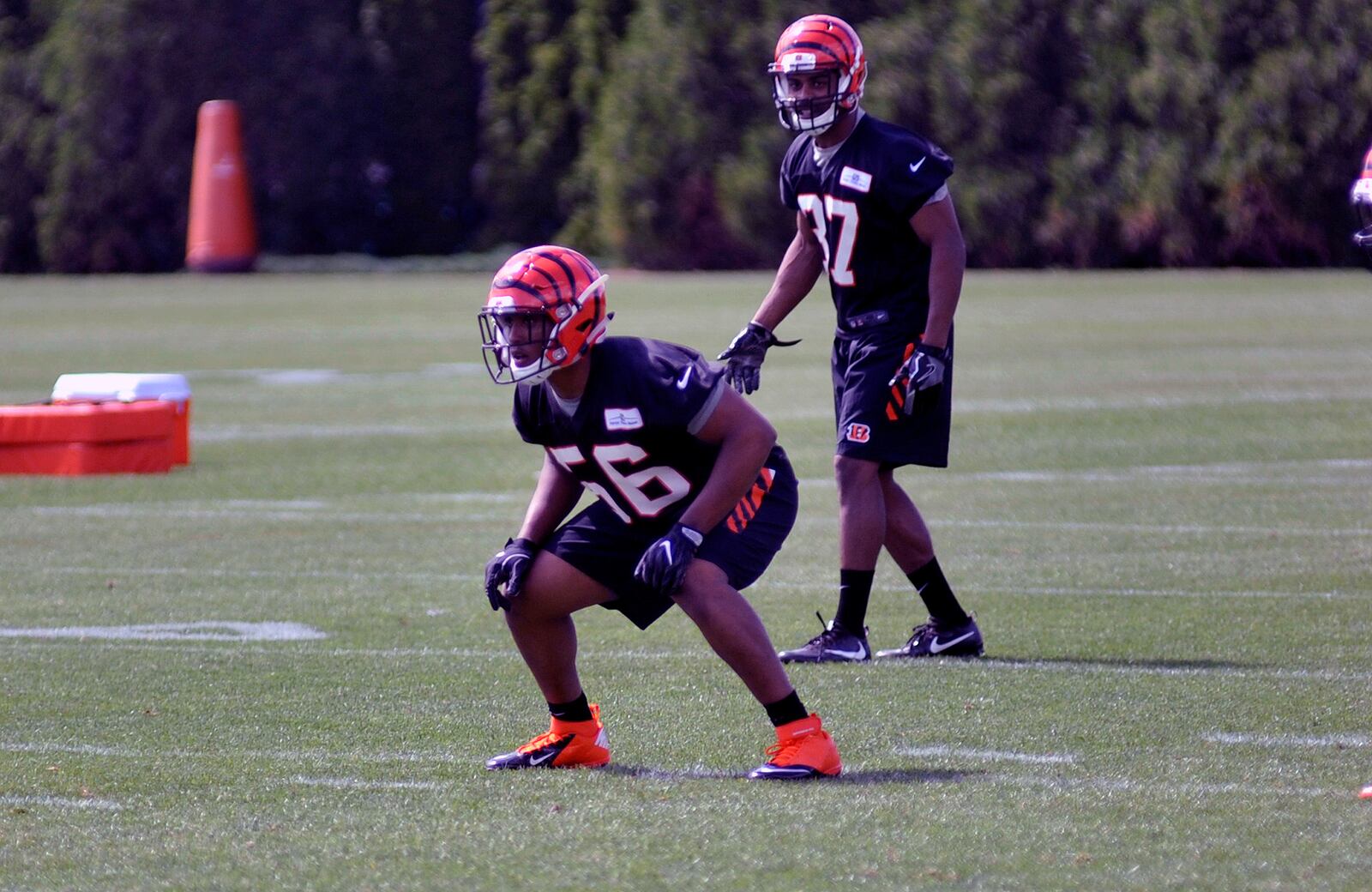 Cincinnati Bengals linebacker Hardy Nickerson (56) waits for the snap during practice Saturday at rookie camp. Jay Morrison/Staff