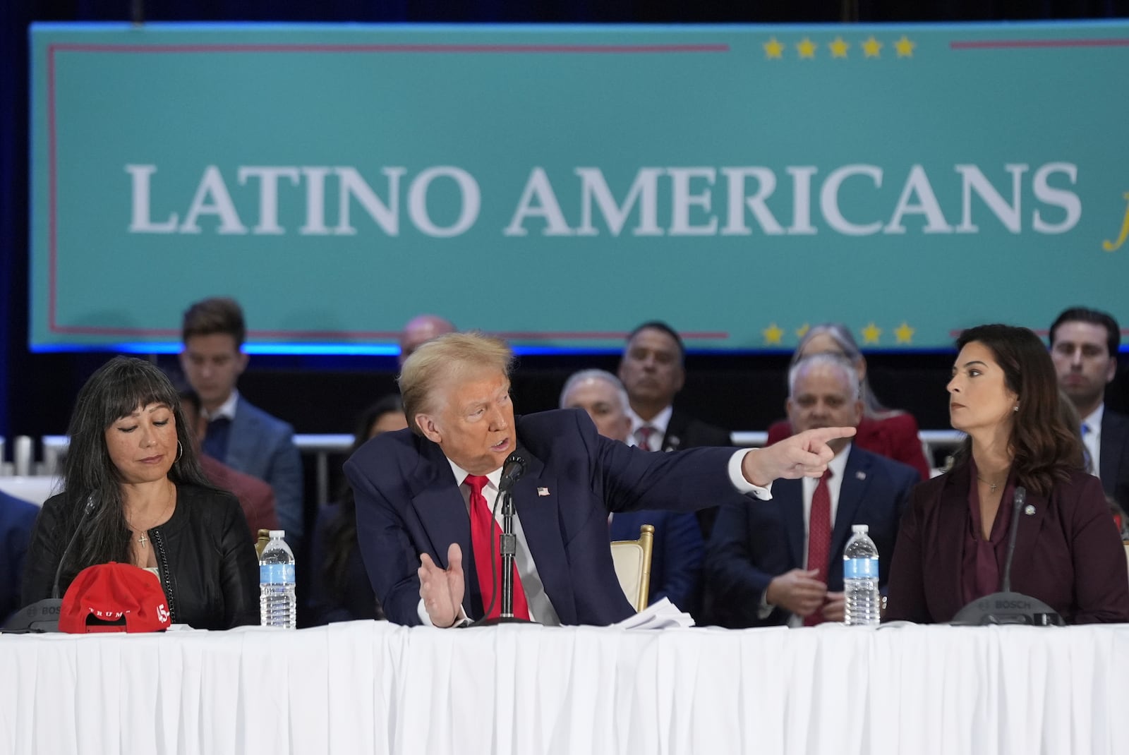 Republican presidential nominee former President Donald Trump participates in a roundtable with Latino leaders, Tuesday, Oct. 22, 2024 in Doral, Fla. (AP Photo/Alex Brandon)