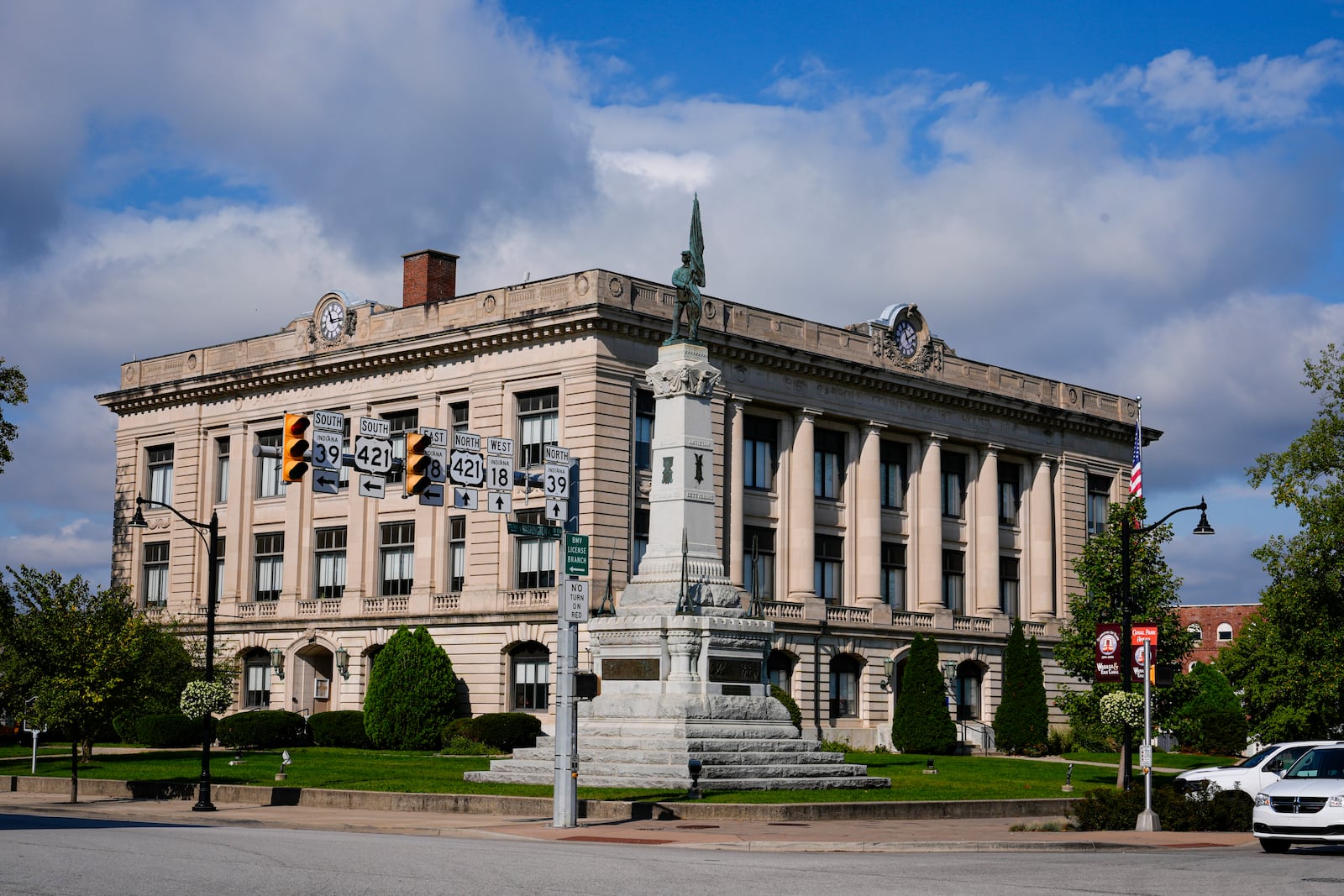 The Soldiers and Sailors Monument on the grounds of the Carrol County Court House is shown in Delphi, Ind., Tuesday, Oct. 1, 2024. (AP Photo/Michael Conroy)