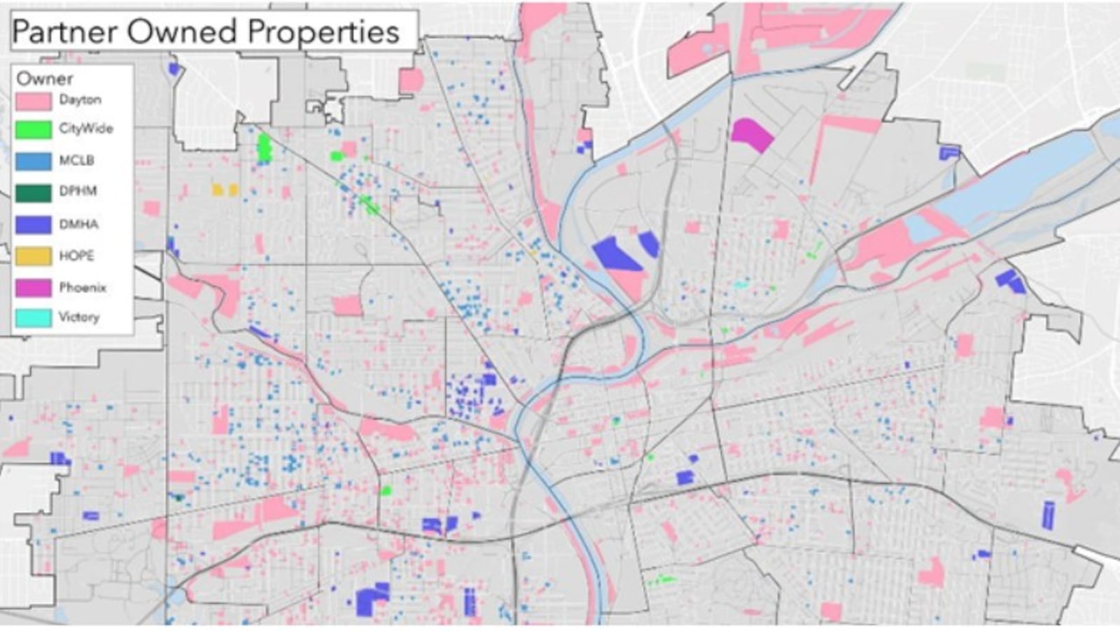 Dayton says the city and its partners own about 6,000 acres of land that have redevelopment potential. This is a map showing properties owned by the city and properties in "friendly hands." CONTRIBUTED