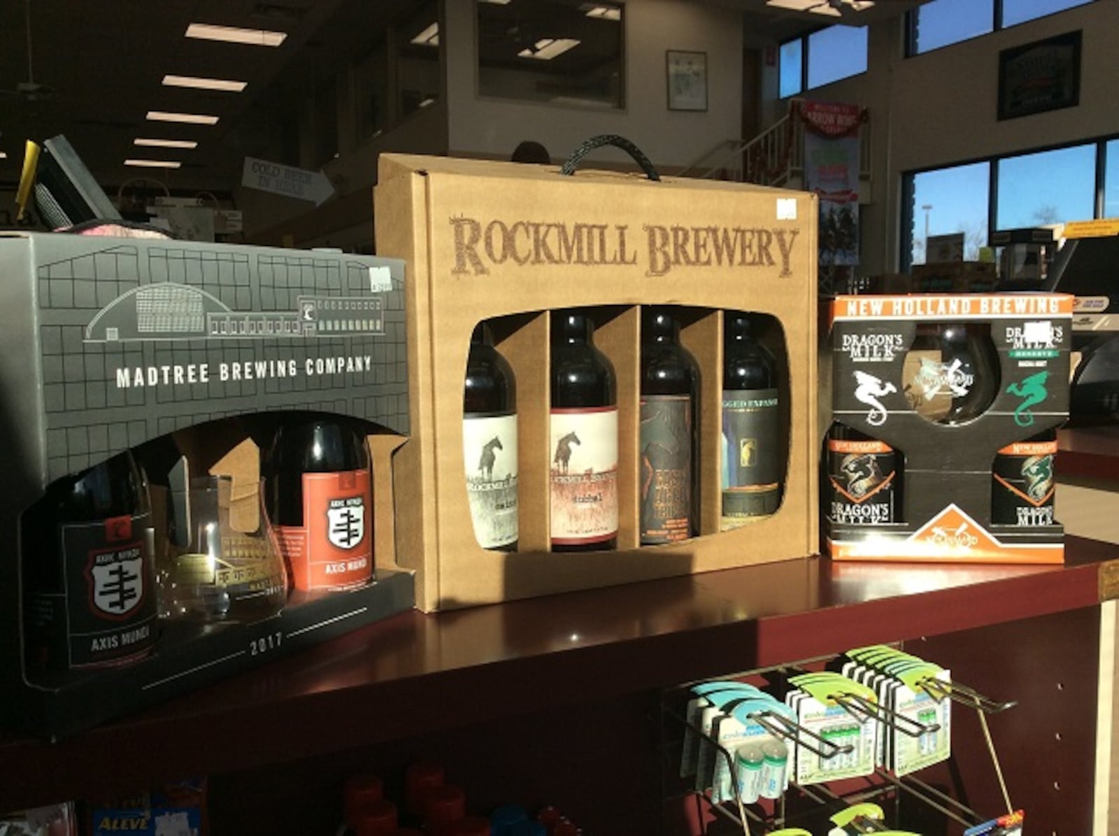 Gift packs from Madtree ($29.99), Rockmill Brewery ($59.99) and New Holland Brewing ($16.99). MARK FISHER/STAFF