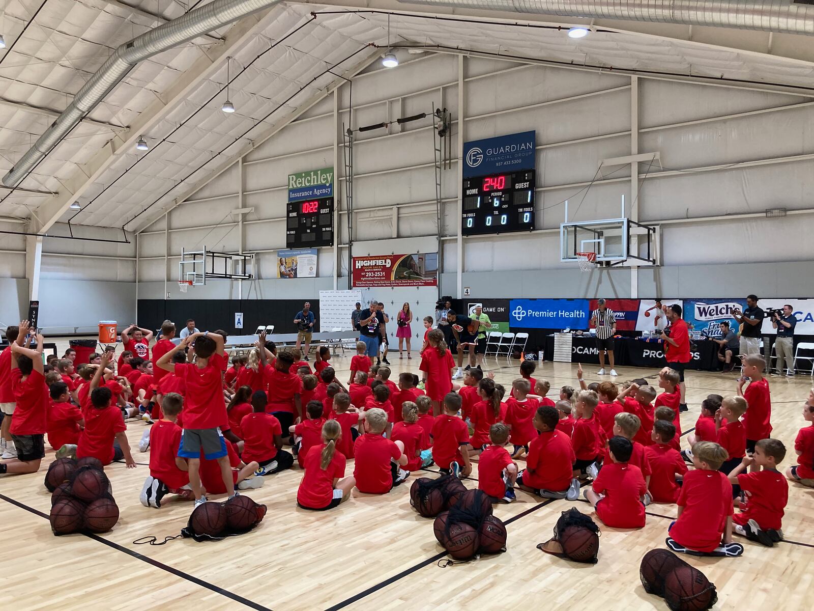 Kids gather during the Obi Toppin Basketball ProCamp on Tuesday, July 20, 2021, at Bales Arena in Beavercreek. David Jablonski/Staff