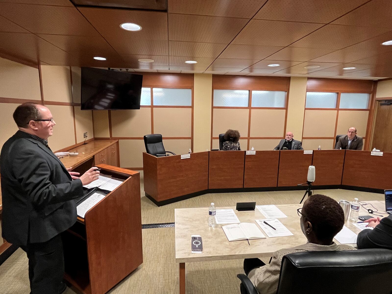 David Esrati, who filed petitions to run for the Dayton City Commission, speaks at a Montgomery County Board of Elections meeting on Tuesday, March 14, 2023. The board invalidated his petitions, saying he did not meet the required threshold of valid signatures. CORNELIUS FROLIK / STAFF