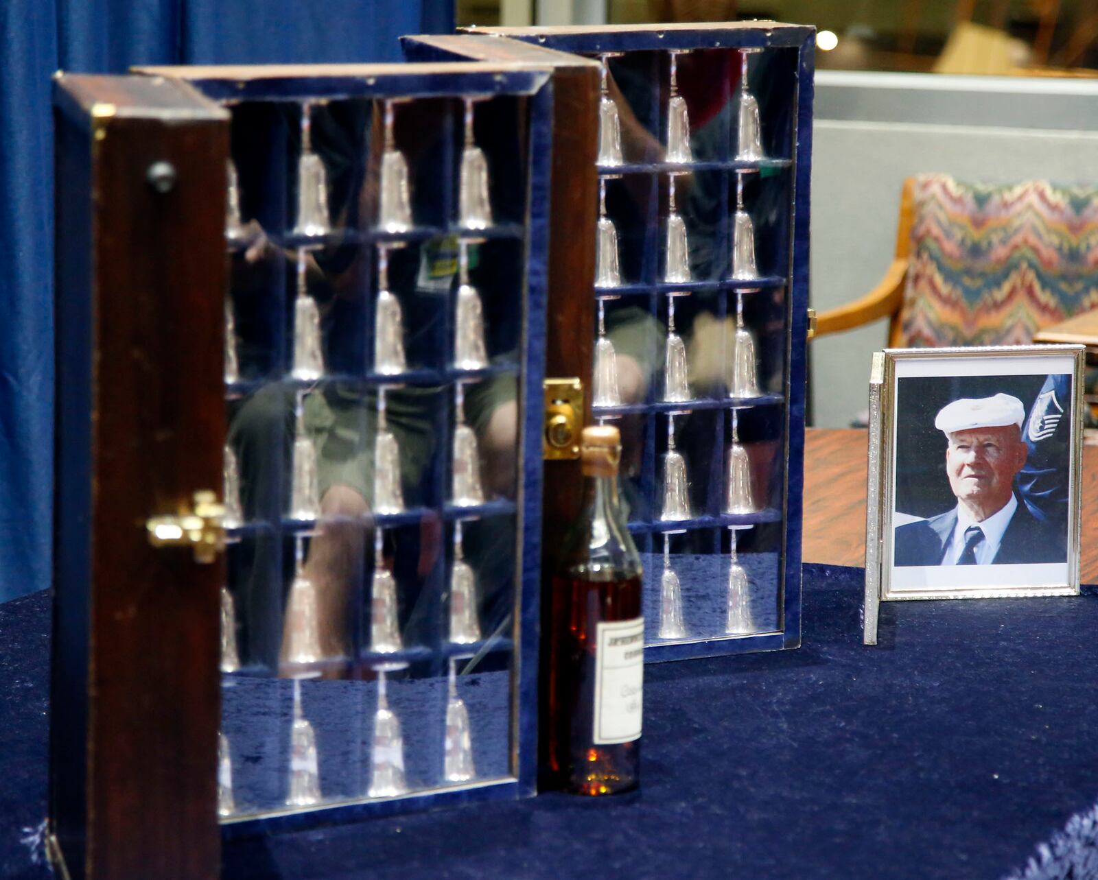 The second to last goblet for Doolittle Tokyo Raider SSgt. David Thatcher,(pictured) was turned over during a private ceremony with Lt. Col. Richard Cole and Air Force Chief of Staff Gen. David Goldfein. A Doolittle Tokyo Raiders memorial service and commemoration took place at the National Museum of the United States Air Force on Tuesday which marked the 75th anniversary of the mission. Of the 80 Raiders, Dayton native Lt.Col. Richard E. Cole, 101, the last survivor, attended. TY GREENLEES / STAFF