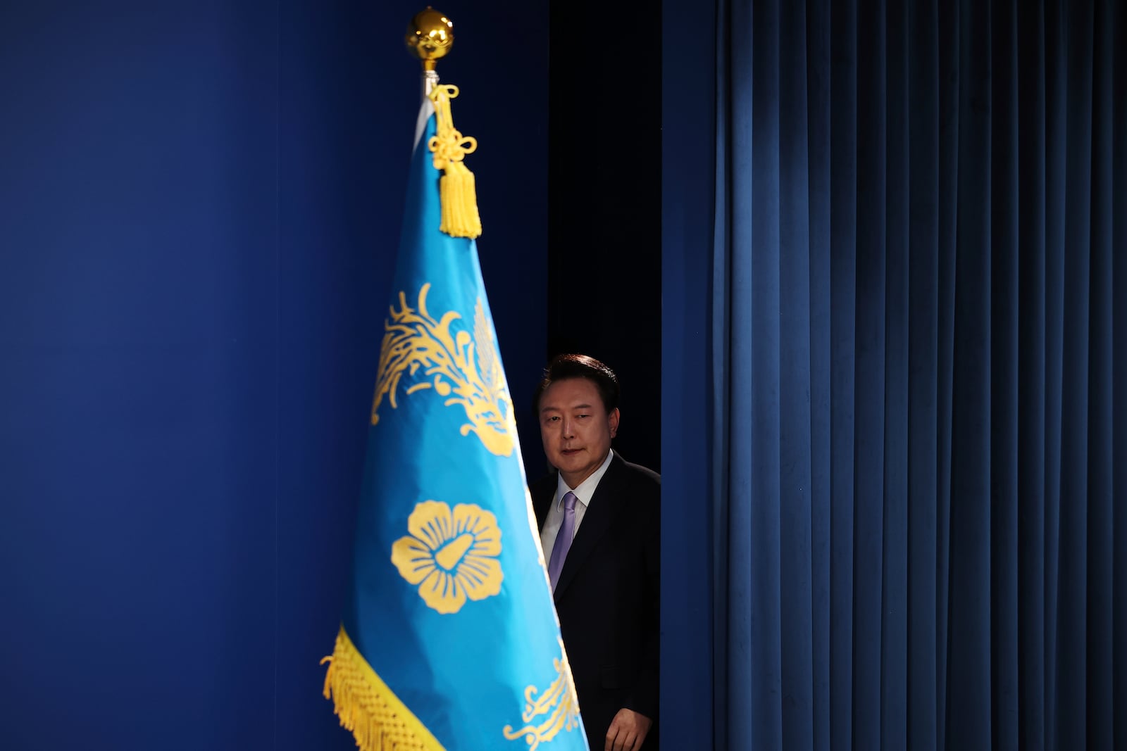 South Korean President Yoon Suk Yeol arrives for a news conference at the Presidential Office in Seoul, South Korea, Thursday, Nov. 7, 2024. (Kim Hong-Ji/Pool Photo via AP)