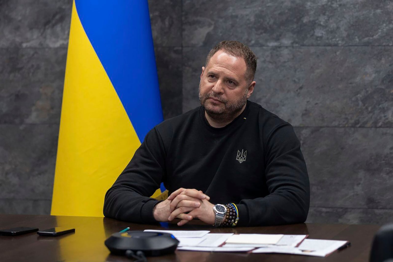 In this photo provided by the Press Service of The President of Ukraine on Thursday, Feb. 6, 2025, Andriy Yermak, the head of Ukraine's Presidential Office, sits during an interview with The Associated Press in Kyiv, Ukraine. (Press Service Of The President Of Ukraine via AP)