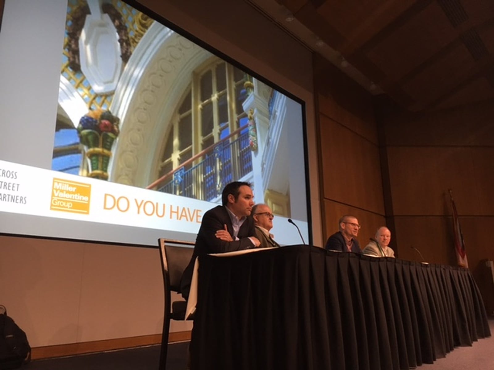 Talking downtown development: From left, Scott Murphy, of the Downtown Dayton Partnership; John Gower, of Citywide Development: Scott Gibson, a developer of Dayton’s “Fire Blocks;” and Dave Williams, a Miller Valentine executive. THOMAS GNAU/STAFF