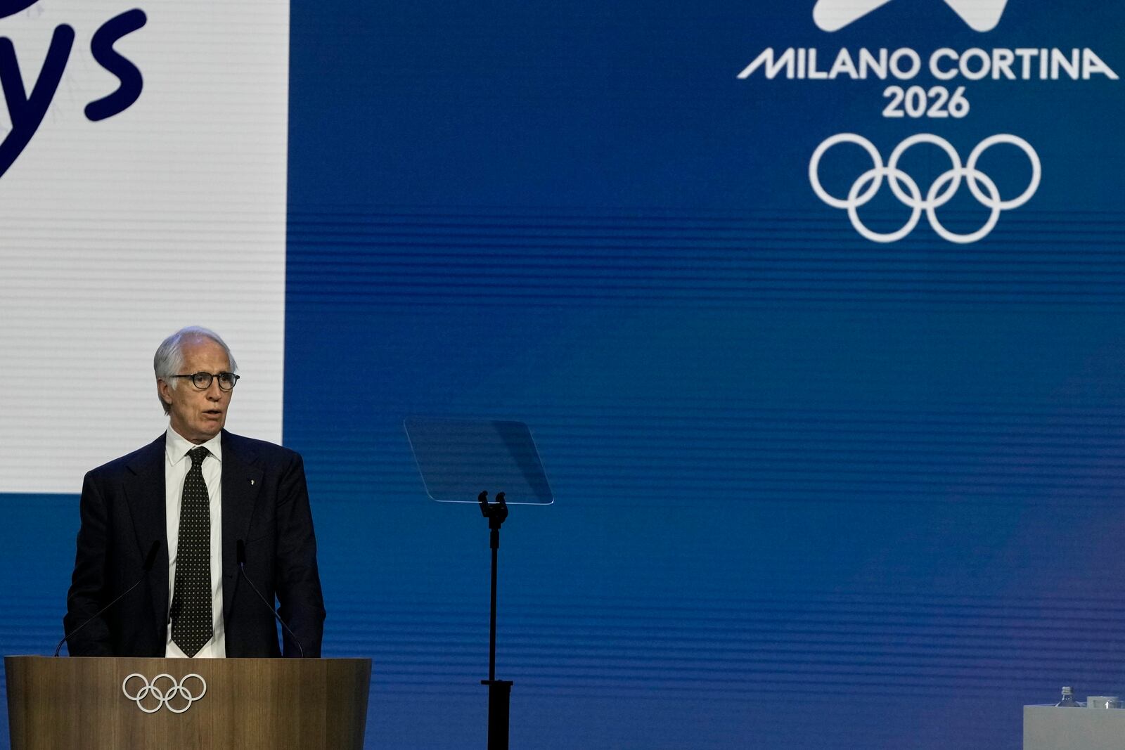 Milano Cortina 2026 Foundation President Giovanni Malago speaks during the 144th International Olympic Committee session, which will elect the new IOC President, in Costa Navarino, western Greece, Thursday, March 20, 2025. (AP Photo/Thanassis Stavrakis)