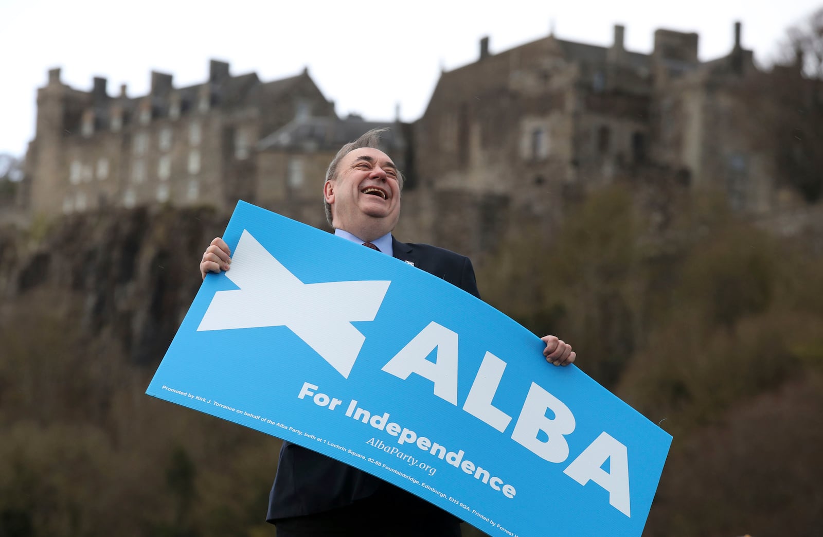 FILE - Alex Salmond stands at Stirling Castle to mark the start of the party's Mid Scotland and Fife campaign, ahead of the Scottish Parliamentary election on April 13, 2021 (Andrew Milligan/PA via AP)