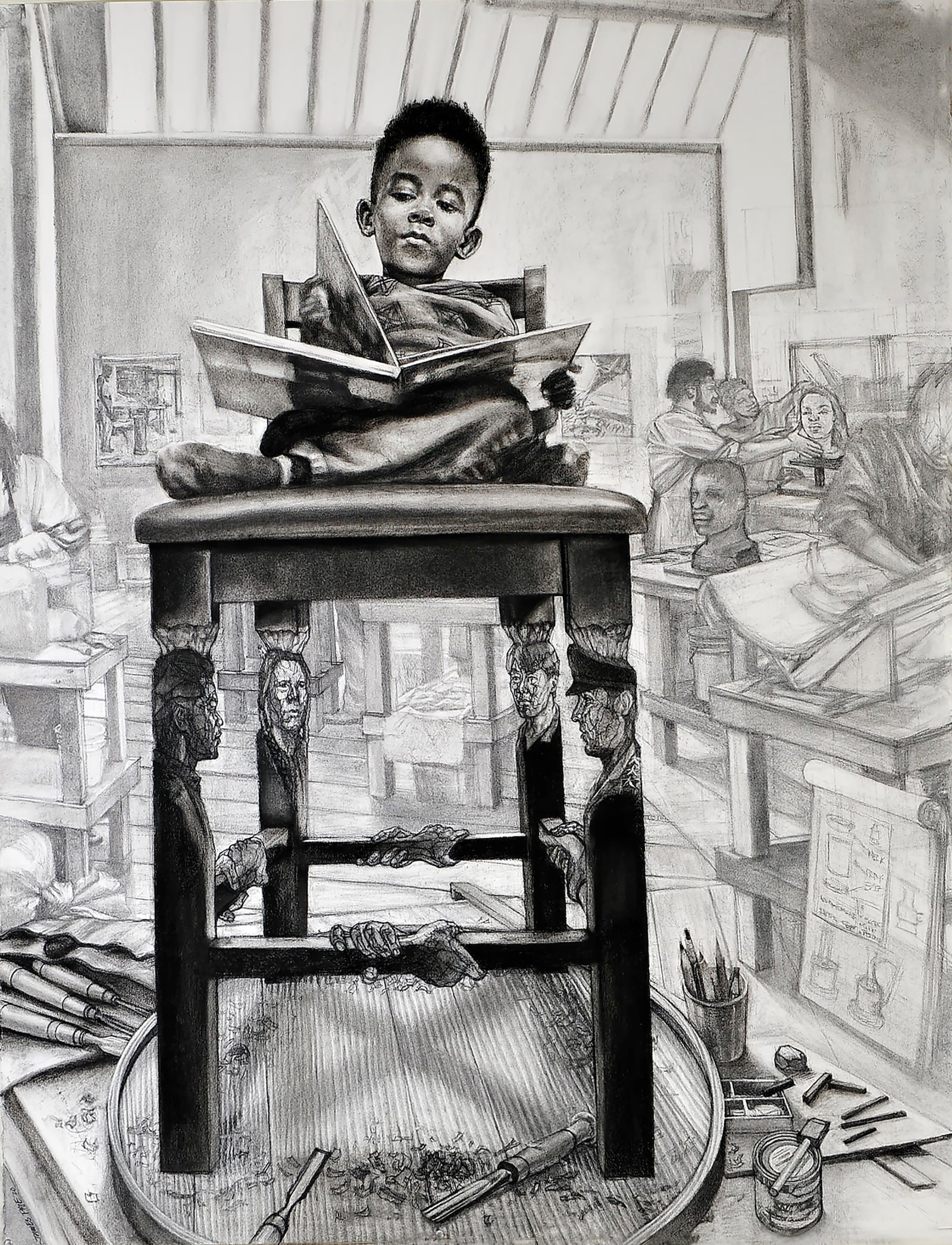 James Pate’s charcoal drawing, “Ayo’s Chair”