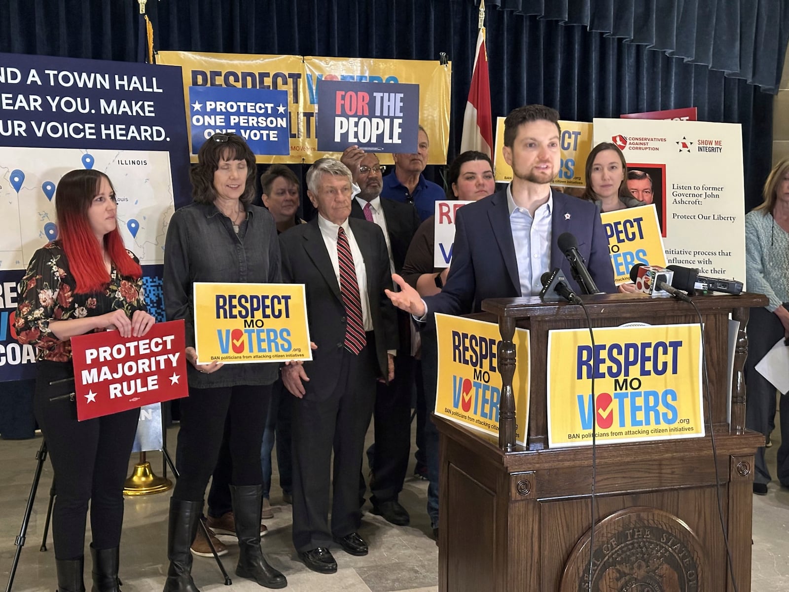 Benjamin Singer, co-founder of the Respect Voters Coalition, speaks at a rally Feb. 3, 2025, at the Missouri Capitol in Jefferson City, announcing the launch of an effort to limit the Legislature’s ability to change or restrict citizen ballot initiatives. (AP Photo/David A. Lieb)