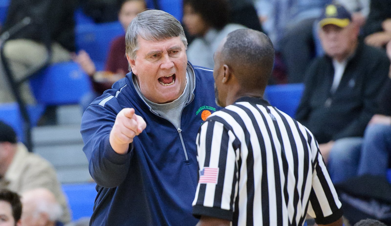 Chaminade Julienne head coach Joe Staley talks to an official during a game against Springfield on Friday. Contributed Photo by Bryant Billing