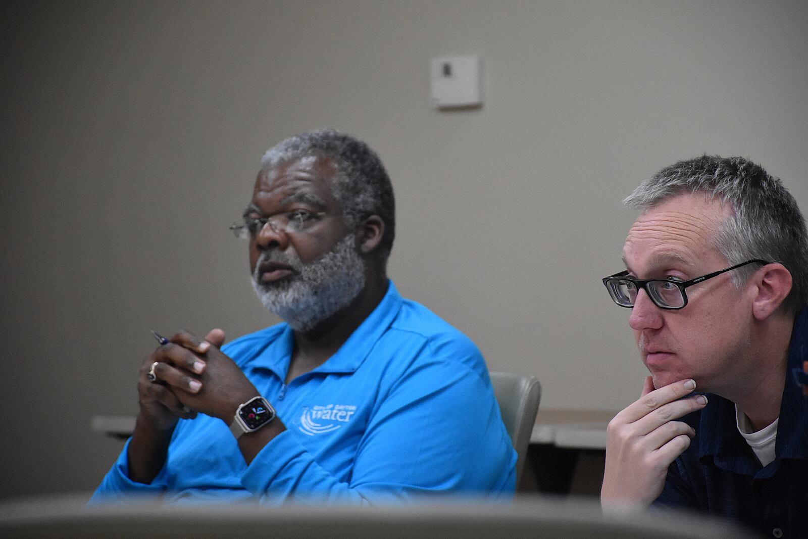 Michael Powell, Dayton's water director, and Tony Kroeger, Dayton's planning division manager, at a September 2024 meeting of the Source Water Protection Fund Board. CORNELIUS FROLIK / STAFF