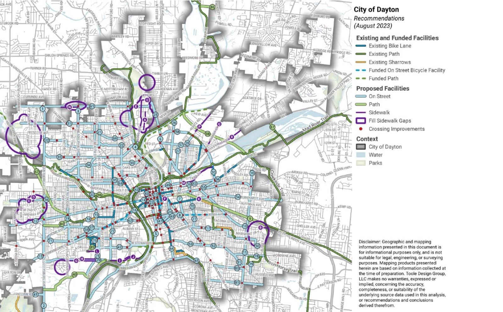 A map of Dayton showing existing bike paths, sidewalk gaps and other facilities. The map also shows proposed projects and investments from the Active Transportation Plan. CONTRIBUTED