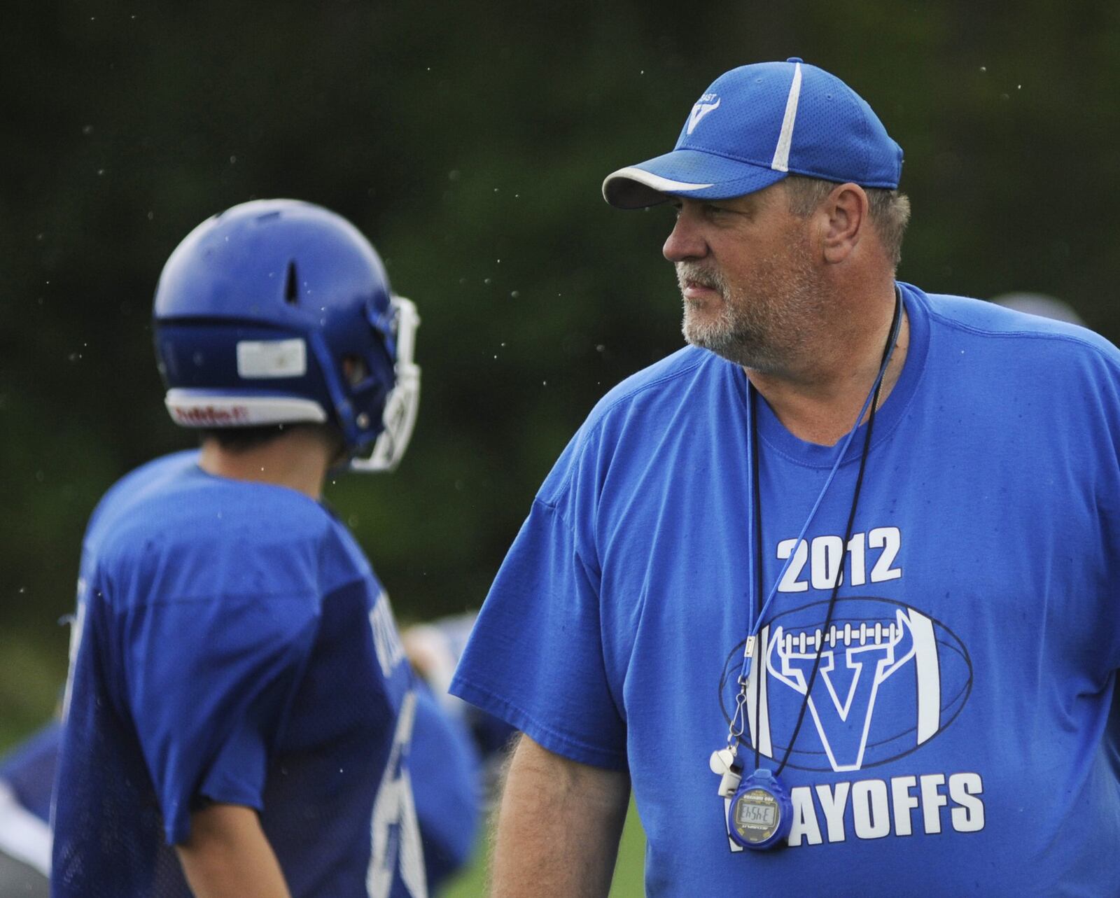 Miami East head football coach Max Current guides the Vikings through a preseason practice on Wed., Aug. 15, 2018. MARC PENDLETON / STAFF