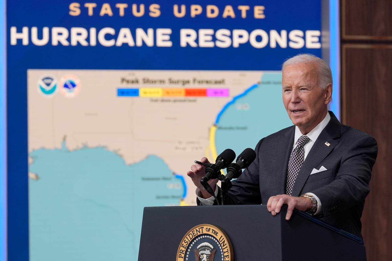 President Joe Biden speaks and gives an update on the impact and the ongoing response to Hurricane Milton, in the South Court Auditorium on the White House complex in Washington, Thursday, Oct. 10, 2024. (AP Photo/Susan Walsh)